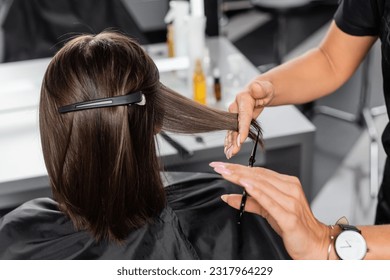 hair salon tools, scissors, professional hairdresser cutting short brunette hair of woman with hair clip, hairdressing cape, beauty worker, haircut, beauty salon work, hairdo, back view - Powered by Shutterstock