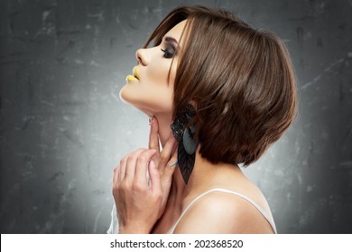 Hair Style Woman Portrait. Female Model  With Bob Hair Style.