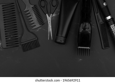 Hair Stylist Tools, Hairdresser Toolset For Hairstyle And Beard Grooming In A Barbershop, Beauty Care Routine Concept. Free Space For Text. Barber Tool. Copy Space.