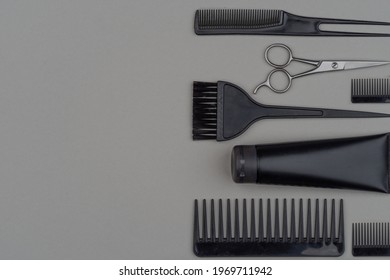 Hair Stylist Tools, Hairdresser Toolset For Hairstyle And Beard Grooming In A Barbershop, Beauty Care Routine Concept. Free Space For Text. Barber Tool. Copy Space.