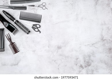 Hair Stylist Tools, Hairdresser Toolset For Hairstyle And Beard Grooming In A Barbershop, Beauty Care Routine Concept. Free Space For Text. Barber Tool. Copy Space.