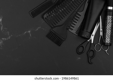 Hair Stylist Tools, Hairdresser Toolset For Hairstyle And Beard Grooming In A Barbershop, Beauty Care Routine Concept. Free Space For Text. Barber Tool. Copy Space.