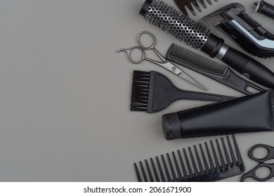 Hair Stylist Tools, Hairdresser Toolset For Hairstyle And Beard Grooming In A Barbershop, Beauty Care Routine Concept. Free Space For Text. Barber Tool. Copy Space.