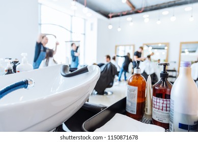 Hair Washer In Hair Saloon. Inside Interior.