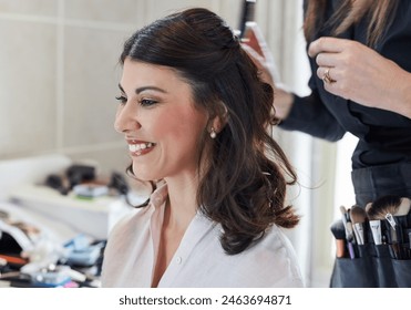 Hair, woman and makeup as artist for styling, beautician and design with elegant, cosmetics and beauty on special day. Happy, person and client at hairdresser with glamour for ceremony party - Powered by Shutterstock