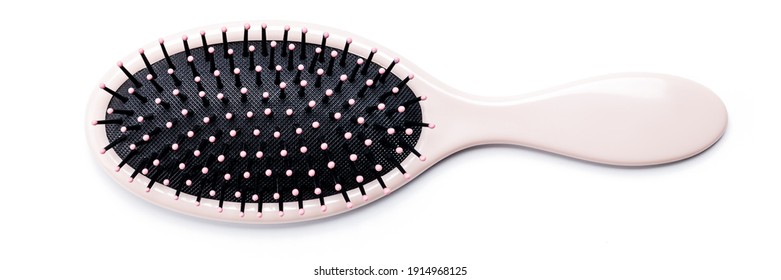 Hairbrush Isolated On White Background. Pink Hair Brush Cut Out. Design Element. Personal Grooming Accessory.