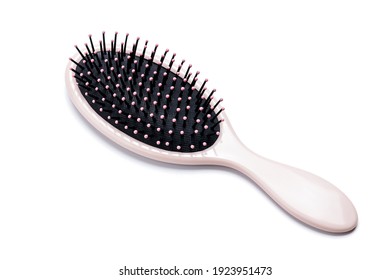 Hairbrush Isolated On White Background. Pink Hair Brush Cut Out. Design Element. Personal Grooming Accessory.