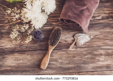 Haircare Concept. Natural Sandalwood Comb Closeup On Wood Background