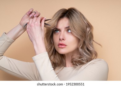 Haircut. Beautiful Woman Cut Her Hair. Women's Haircut And Hairdresser. Bangs Hair. Close Up Hairstyle With Bangs