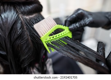 The hairdresser applies professional liquid keratin to the client's hair. A girl does keratin hair strengthening in a beauty salon. Hair care. - Shutterstock ID 2192401705