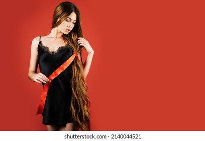 Hairdresser, beauty salon. Beautiful model with very long hair. Hair cosmetics. Wellness and spa.