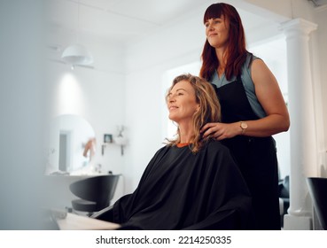 Hairdresser, beauty and senior happy customer at a salon for a makeover, lifestyle change in New York. Luxury, woman and mature client excited with hairstyle grooming, wellness and care treatment - Powered by Shutterstock