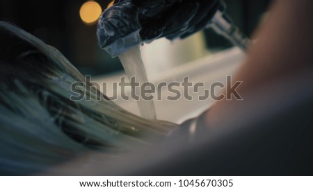 Hairdresser Black Gloves Carefully Washes Off Stock Photo Edit