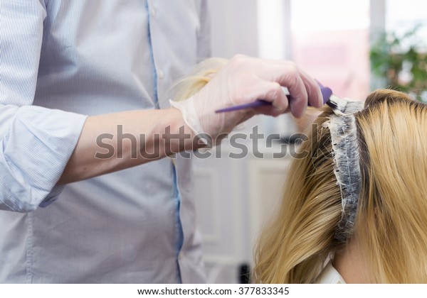 Hairdresser Bleaching Hair Blonde Female Client Stock Photo Edit