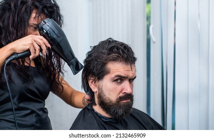 Hairdresser Blow Dry Client Male Head In Barbershop, Hair Care