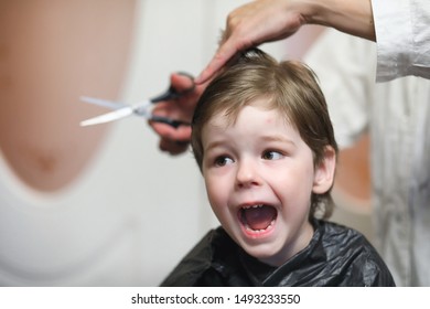 Hairdresser and boy. The boy is doing his hair. Cut child in the hairdresser.