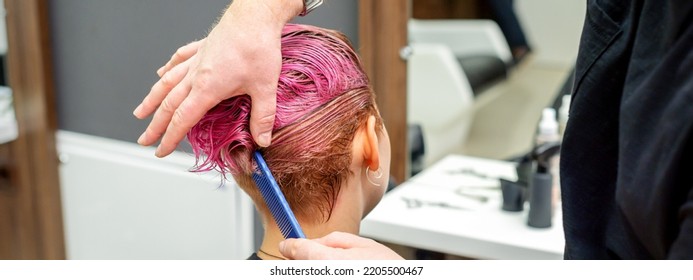 A hairdresser is combing the dyed pink wet short hair of the female client in the hairdresser salon, back view - Shutterstock ID 2205500467