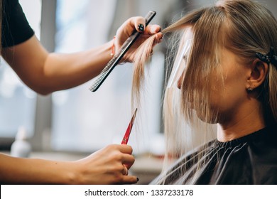 Hairdresser Cuts Hair By Scissors Beautiful Blonde Girl