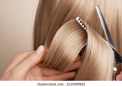 Hairdresser cuts long blonde hair with scissors. Hair salon, hairstylist. Care and beauty hair products. Dyed hair - Shutterstock ID 2125909832