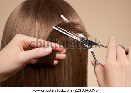 Hairdresser cuts long brunette hair with scissors. Hair salon, hairstylist. Care and beauty hair products. Dyed hair