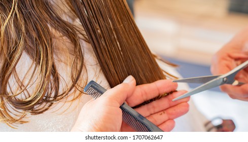 hairdresser cuts the long hair of a model - Shutterstock ID 1707062647