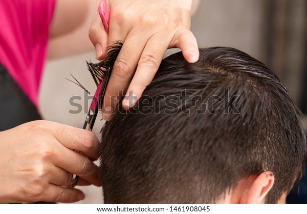 Hairdresser Cuts Short Hair Scissors Mans Stock Photo Edit Now