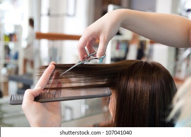 Hairdresser Cutting Client's Hair In Beauty Salon.
