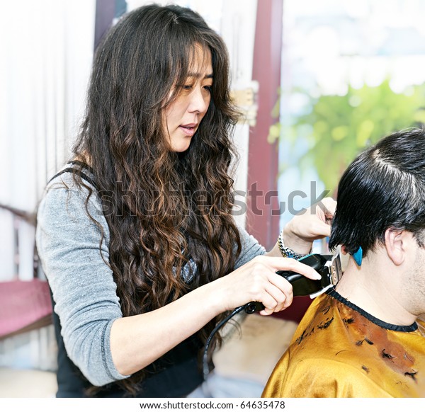 Hairdresser Cutting Hair Her Salon Trimmer Stock Photo Edit Now