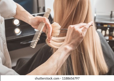 Hairdresser Is Cutting Long Blond Hair In Hair Salon