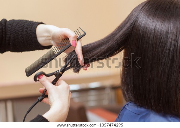 Hairdresser Does Haircut Hot Scissors Hair Stock Photo Edit Now
