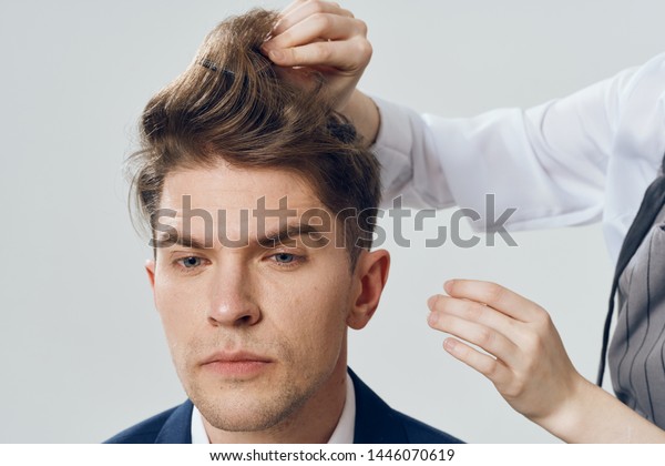 Hairdresser Does Haircut Young Man Suit Stock Photo Edit Now