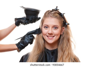 Hairdresser Doing Hair Dye. Isolated On White Background