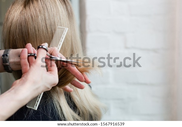 Hairdresser doing haircut. Professional hairdresser\
scissors, brush on workplace. Professional Hairdresser tools,\
equipment. Hairdresser service. Beauty salon service. Close up with\
space for text.
