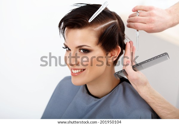 Hairdresser Doing Hairstyle Brunette Short Hair Stock Photo Edit