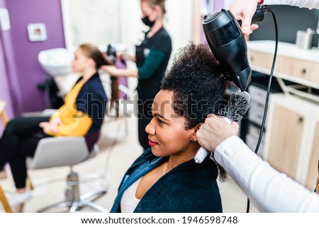 Similar – Image, Stock Photo In the hair salon, a moody enchantress, dressed in chic business attire, radiated beauty is thinking about things. A gorgeous girl might be waiting for a client. A true professional makeup artist alone in her thoughts.