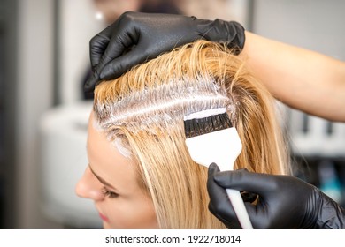 The hairdresser dyeing blonde hair roots with a brush for a young woman in a hair salon - Shutterstock ID 1922718014