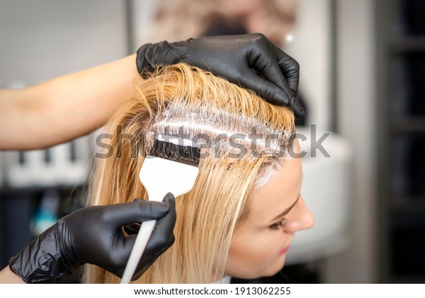 The hairdresser dyeing blonde hair roots
with a brush for a young woman in a hair
salon