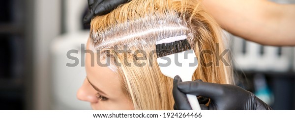 The hairdresser dyeing blonde hair roots\
with a brush for a young woman in a hair\
salon