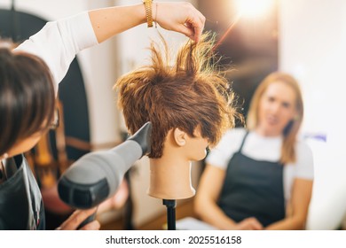 Hairdresser with the Hair Dryer in Hands Teaching Students How to do Hairstyling - Shutterstock ID 2025516158