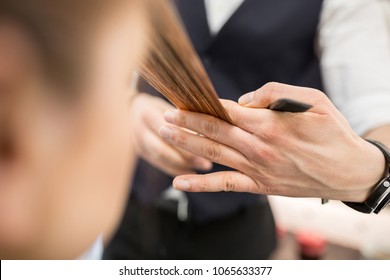 Hairdresser Hands Holding Hair Strand For Cut