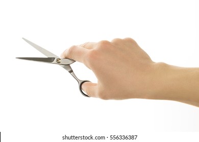 Hairdresser Holding In Hand Scissors For Cutting Hair Isolated On White Background