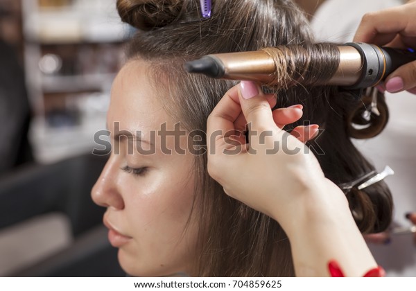 Hairdresser Makes Curls Iron Hair Clips Stock Photo Edit Now