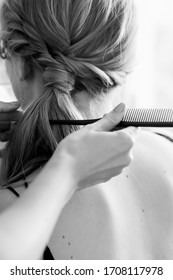 
Hairdresser Makes Hairstyle To Woman. Professional Hairdresser Working With Client In Salon. Young Bride Getting Her Hair Done Before Wedding In Black And White Photo. Hands Of Hairdresser With Comb