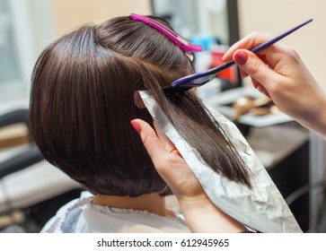 The Hairdresser Paints The Woman's Hair In A Dark Color, Apply The Paint To Her Hair In The Beauty Salon.