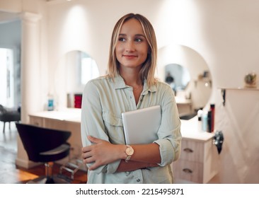 Hairdresser Salon, Happy And Woman With Tablet To Check Digital Schedule, Calendar Or Work Day Planner. Hair Care, Beauty Studio And Barbershop Worker With Mobile Tech Checklist To Track Inventory