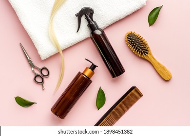 Hairdresser Service Set With Blond Hair And Comb, Top View