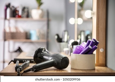 Hairdresser tools on table in salon