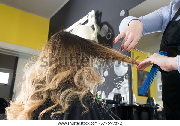 Hairdresser Trimming Ombre Hair Scissors Beauty Stock Photo Edit