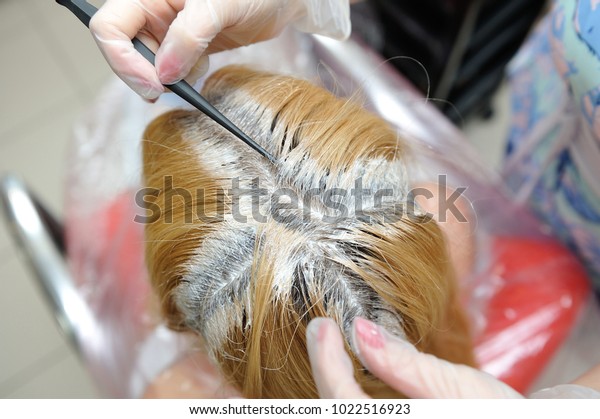 The hairdresser uses a brush to apply the dye to
the hair, for dyeing