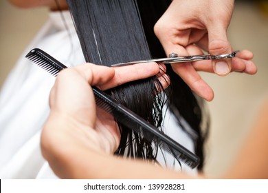 Hairdresser's Hands Cutting Hair.